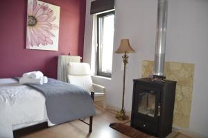 1 dormitorio con 1 cama, chimenea y ventana en Persefoni's Home, en Ioannina