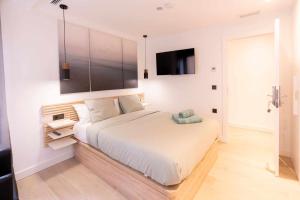 ein Schlafzimmer mit einem großen Bett und einem Fernseher an der Wand in der Unterkunft Apartamento Capri, Living Suites en Castellon in Castellón de la Plana