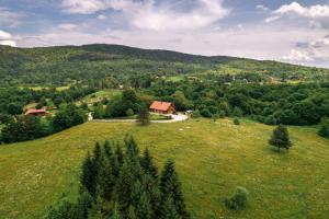 widok z powietrza na dom na trawiastym wzgórzu w obiekcie Ranch Jelov Klanac w mieście Rakovica