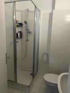 y baño con ducha y aseo. en Helle Wohnung in Linzer-Mitte en Linz