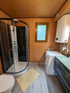 La salle de bains est pourvue d'une douche, de toilettes et d'un lavabo. dans l'établissement Gîte le noisetier 3-6 personnes, à Blésignac