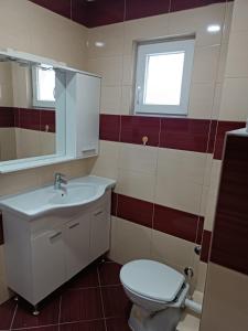 a bathroom with a toilet and a sink and a mirror at 2BDR Apt with Balcony with view- Free Parking in Sarajevo