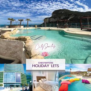 een collage van foto's van een zwembad van een vakantieresort bij Luxury 1 Bed Apt - City Suites Ocean Spa Plaza in Gibraltar