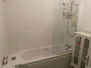 a bathroom with a shower and a bath tub at Garinish Court Maisonette in Glengarriff