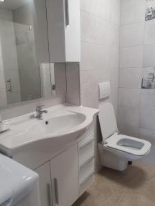 Apartman Amal في بوفليانا: حمام أبيض مع حوض ومرحاض