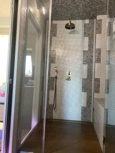 a shower with a glass door in a bathroom at Duplex hammam au pied de la Cathédrale avec vue in Reims