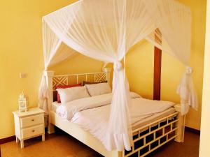 1 dormitorio con cama con dosel, sábanas y almohadas blancas en Heart Of Africa Adventure and Apartments en Arusha