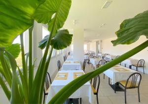 a restaurant with white tables and chairs and a plant at Hotel Sayonara in Senigallia