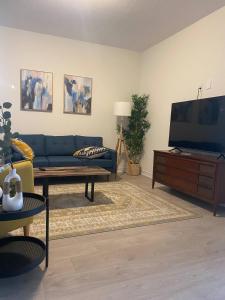 a living room with a blue couch and a tv at Luxurious town house with x2 Cars Garage no01 in Cambridge