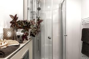 a bathroom with a shower and a plant on a counter at Arkadia Apartments-Schwissel-Bad Segeberg in Schwissel