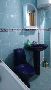 a blue bathroom with a toilet and a sink at Дом-House в Vadul lui Voda in Vadul lui Vodă