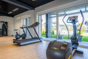 ein Fitnessstudio mit zwei Laufbändern und zwei Crosstrainern in der Unterkunft Apartament Laguna Beskidów 76 przy Jeziorze Żywieckim - Dream Apart in Zarzecze