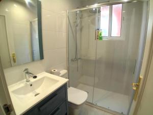 a bathroom with a shower and a sink and a toilet at Santa Olalla en el norte in Santander