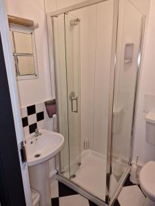uma casa de banho com um chuveiro e um lavatório. em Bru Bar & Hostel em Cork
