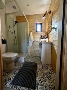 uma casa de banho com um WC e uma cabina de duche em vidro. em Domek letniskowy Aster z basenem i jacuzzi em Małdyty