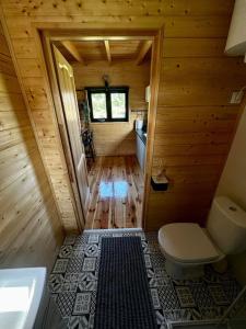 uma pequena casa de banho com WC e lavatório em Domek letniskowy Aster z basenem i jacuzzi em Małdyty