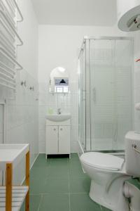 a white bathroom with a toilet and a shower at Dom, Pokoje, Kwatery Prywatne Przy Rzeźbie Rybaka in Rowy