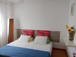 ein Schlafzimmer mit einem Bett mit roten Kissen in der Unterkunft La Casa de Marta in Chiloeches