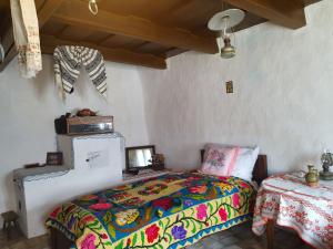 ein Schlafzimmer mit einem farbenfrohen Bett und einem Tisch in der Unterkunft Pensiunea Aurelia in Şiria