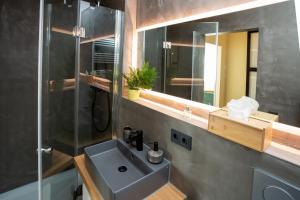 een badkamer met een wastafel, een douche en een spiegel bij Lieblingsquartier St. Andreasberg in Sankt Andreasberg