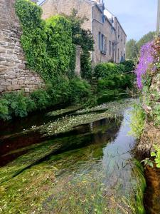 a river in a village with buildings and flowers at La Passerelle in Loguivy-Plougras