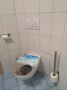 a bathroom with a toilet with a picture on the lid at 3 Zi Ferienwohnung mit Erholungsfaktor Schwarzwald Bodensee in Aldingen