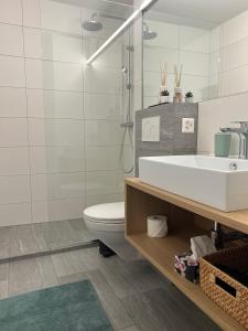 ein Bad mit einem Waschbecken und einem WC in der Unterkunft Ferienwohnung 405 Haus Allod in Lenzerheide