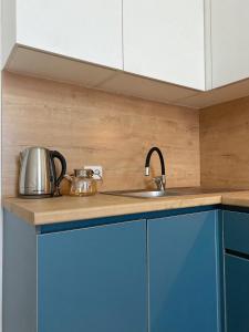 a kitchen with blue cabinets and a sink at Altai Apartments in Astana