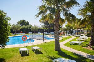 a swimming pool with a palm tree in a park at Alannia Costa Dorada in Platja de l’Almadrava