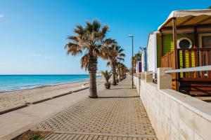 a sidewalk next to the beach with palm trees at Alannia Costa Dorada in Platja de l’Almadrava