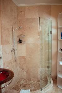 ein Bad mit einer Glasdusche und einem Waschbecken in der Unterkunft Southern Light Country House in Kapstadt