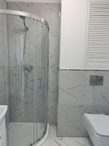 La salle de bains est pourvue d'une douche et d'un lavabo. dans l'établissement Apartament Gdańska 230, à Bydgoszcz