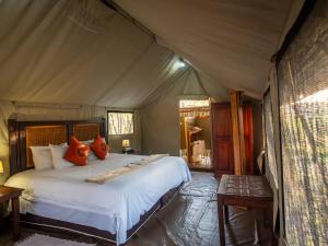 ein Schlafzimmer mit einem großen Bett in einem Zelt in der Unterkunft Buffalo Rock Tented Camp in Hazyview