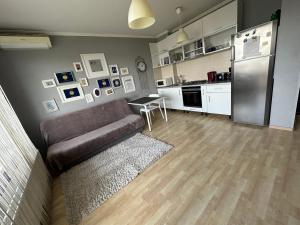 a living room with a couch and a kitchen at Jolly Apartment in Braşov