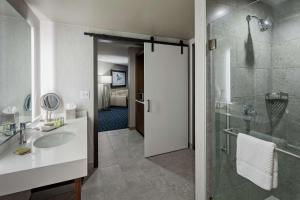 伯尼The Bevy Hotel Boerne, A Doubletree By Hilton的带水槽和玻璃淋浴间的浴室