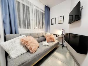 uma sala de estar com um sofá cinzento com almofadas peludas em Mini Apartamenty Poznań em Poznań