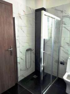 ein Bad mit einer Dusche und einem WC. in der Unterkunft Modern Seaside Apartment in Artemida
