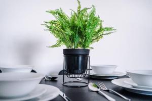 a black vase with a plant in it on a table at Beautiful apartment una in Litherland