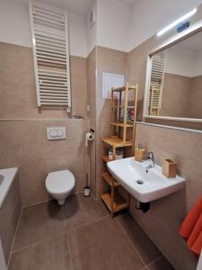 a bathroom with a sink and a toilet and a mirror at Apartmán 111 Vila Zuberec in Zuberec