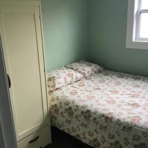 1 dormitorio pequeño con 1 cama y armario en Big blue, en Witless Bay