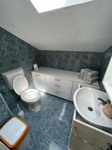 a bathroom with a toilet and a sink at Holiday House Val with sea view in Pašman
