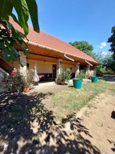 una casa con techo rojo y algunas plantas en Pipacs Vendégház, en Poroszló