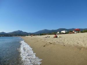 a beach with people laying on the sand and the water at Canigou 2 - Pinède avec piscine in Argelès-sur-Mer