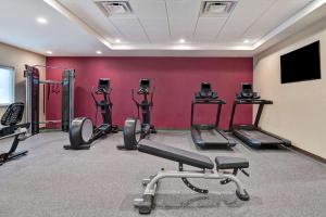 une salle de sport avec plusieurs vélos d'exercice et un mur rouge dans l'établissement Home2 Suites by Hilton, Sarasota I-75 Bee Ridge, Fl, à Sarasota