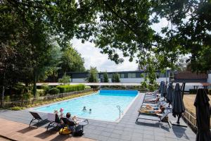 een groep mensen die rond een zwembad zitten bij Villa de Beyaerd in Hulshorst