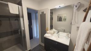 a bathroom with a sink and a shower at LOGIS - Hôtel & Restaurant Le Gonfalon in Germigny-lʼEvêque
