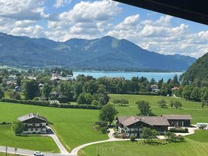 a house in a field with a lake and mountains at Apartment Sunset am Wolfgangsee in Strobl