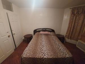 ブルックリンにあるRaleigh Room Rentalのベッドルーム1室(ヒョウ柄のベッド1台付)