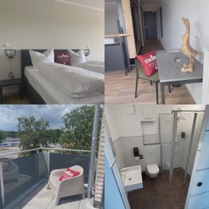 een collage van foto's van een kamer met een bed en een tafel bij Stahltower in Friesoythe