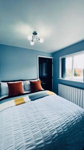 a bedroom with a large bed with a blue wall at Deluxe 2 Bedroom Apartment in Sheffield